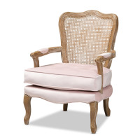 Baxton Studio TSF7764-Light Pink-CC Vallea Traditional French Provincial Light Pink Velvet Fabric Upholstered White-Washed Oak Wood Armchair